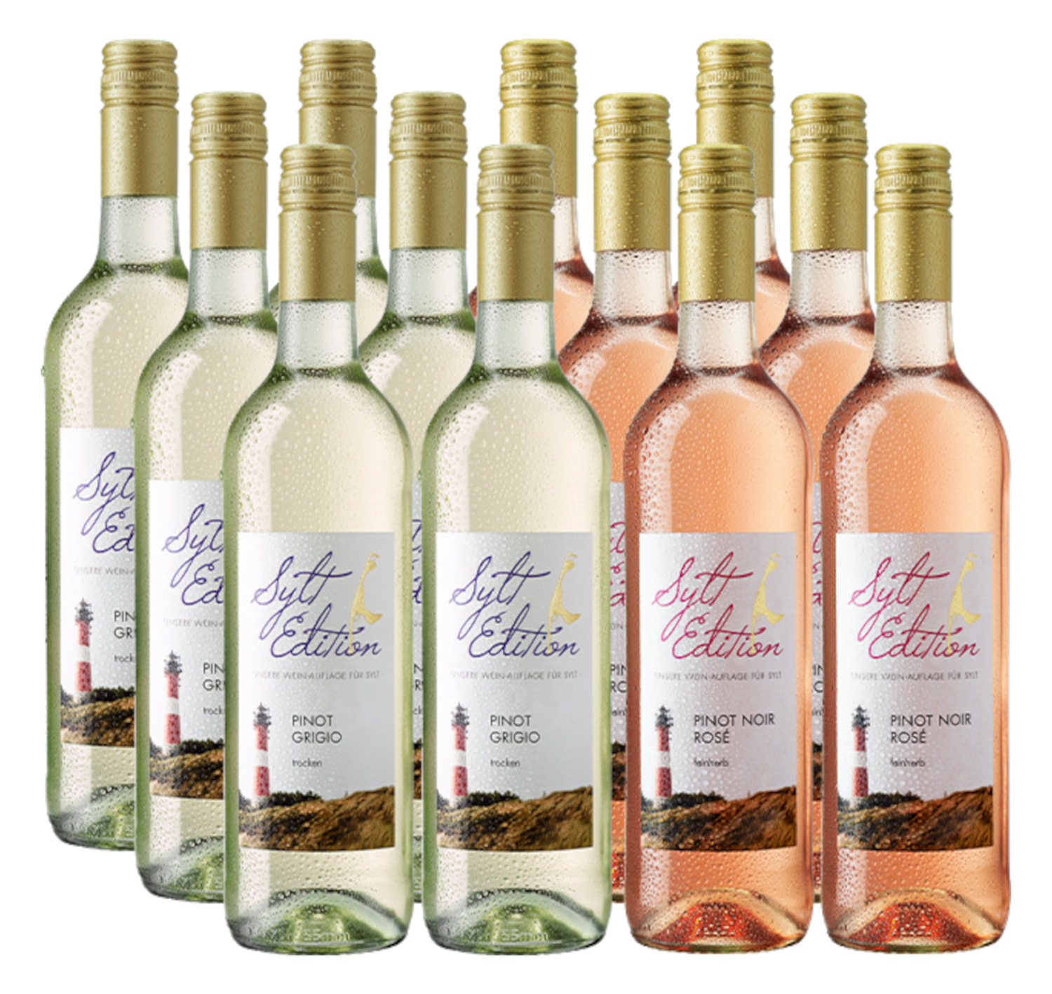 Sechs Flaschen Roséwein und sechs Flaschen Weißwein aus Sylt, ansprechend angeordnet, mit einem gut sichtbaren Etikett auf der Vorderseite.