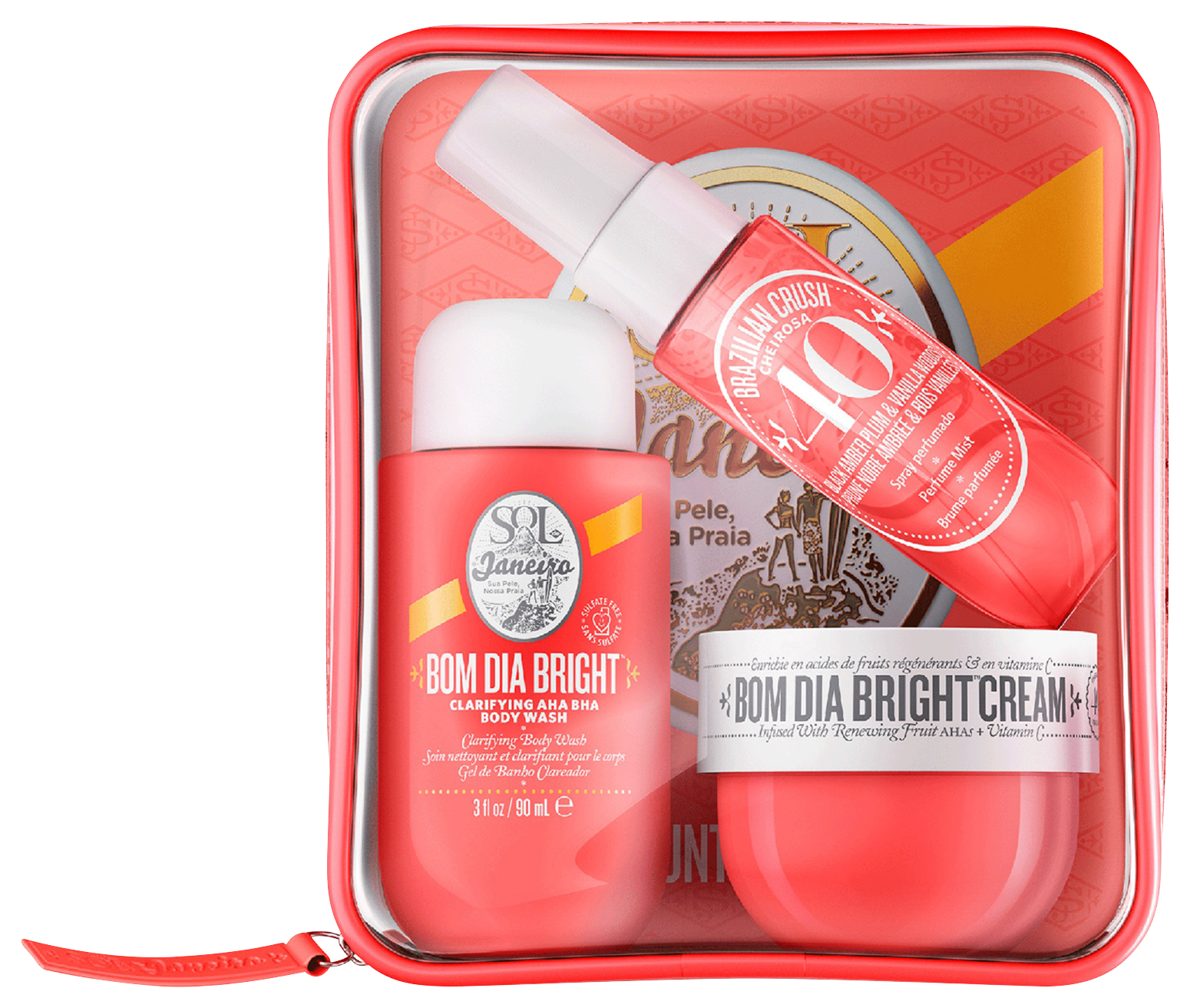 Drei Sol de Janeiro Produkte: Bom Dia Bright Cream in einem rosa Tiegel, Cheirosa '40 Bodyspray in einer pinken Flasche und Bom Dia Bright Körperwaschcreme in einer pinken Tube.