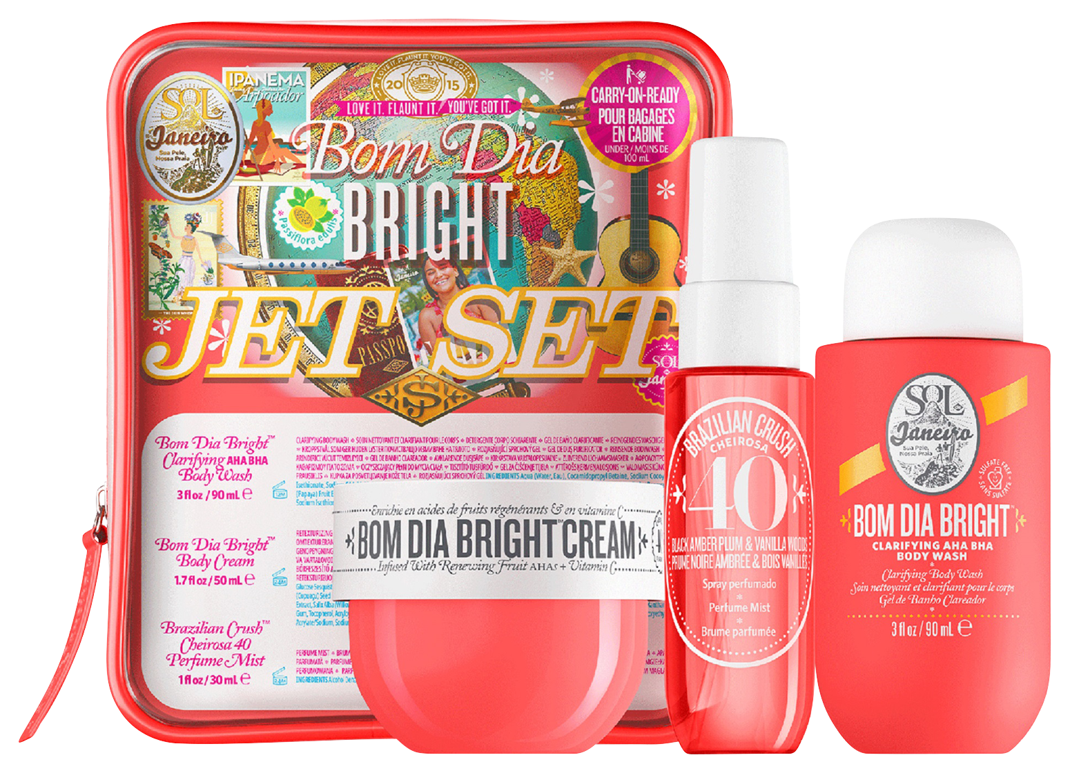 Drei Sol de Janeiro Produkte: Bom Dia Bright Cream in einem rosa Tiegel, Cheirosa '40 Bodyspray in einer pinken Flasche und Bom Dia Bright Körperwaschcreme in einer pinken Tube.