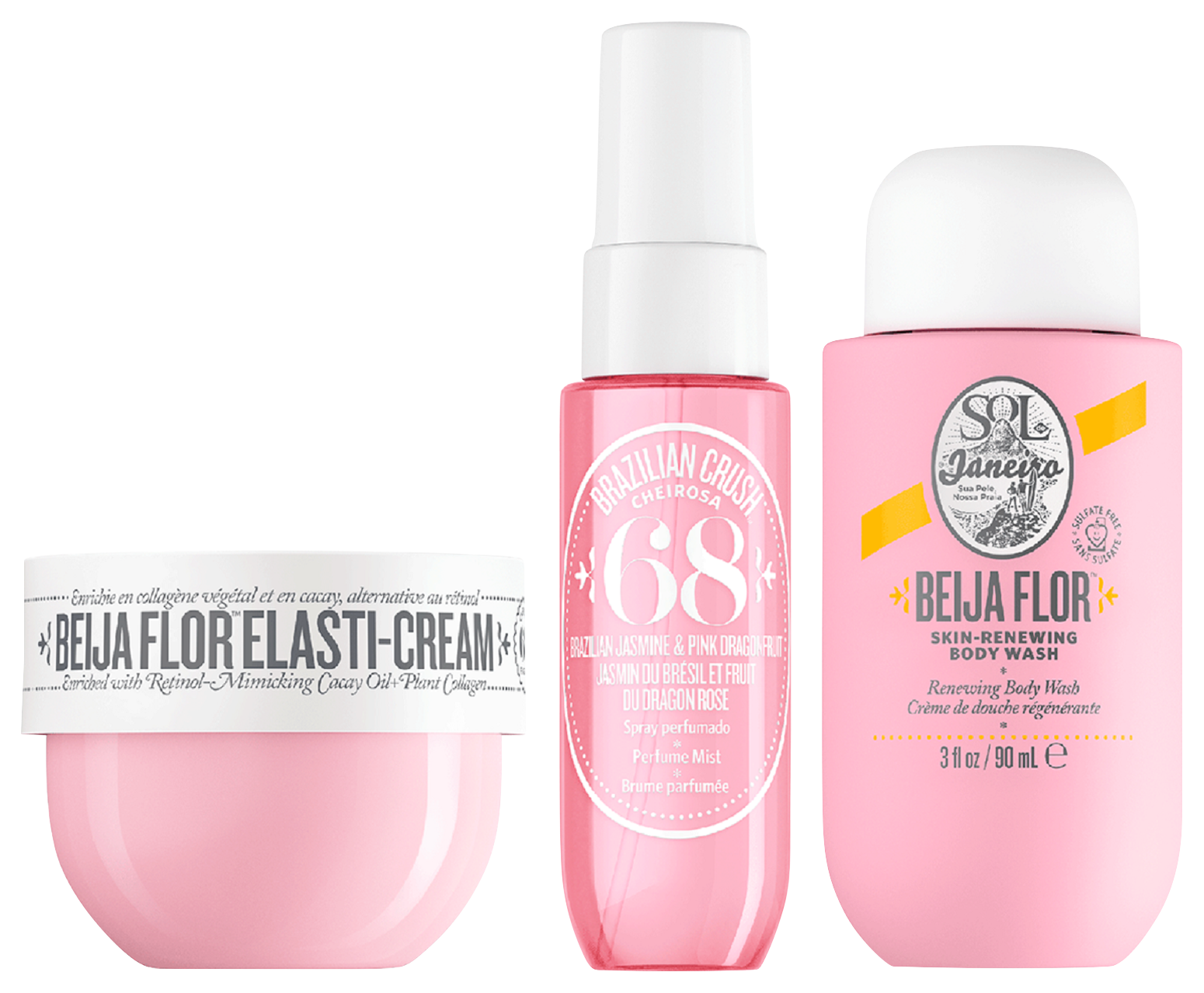 Drei Sol de Janeiro Produkte: Beija Flor Elasti-Cream, Cheirosa '68 Bodyspray und Beija Flor Skin-Renewing Body Wash.