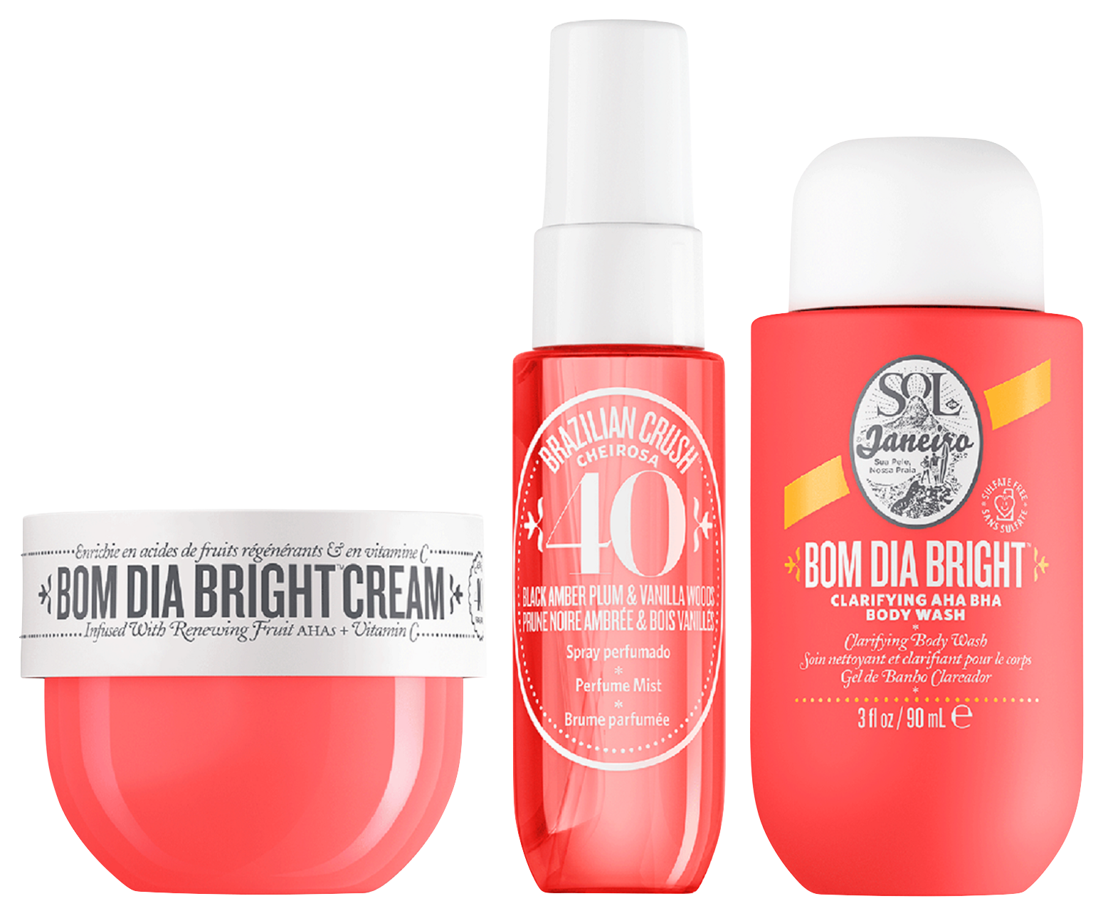 Drei Sol de Janeiro Produkte: Bom Dia Bright Cream in einem rosa Tiegel, Cheirosa '40 Bodyspray in einer pinken Flasche und Bom Dia Bright Körperwaschcreme in einer pinken Tube.