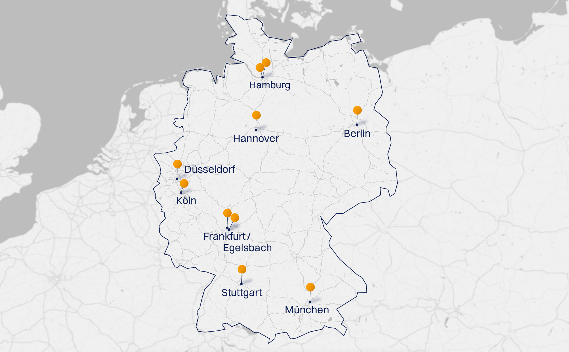 Eine Karte von Deutschland mit Stecknadeln an den Standorten aller Ringeltaube Filialen.