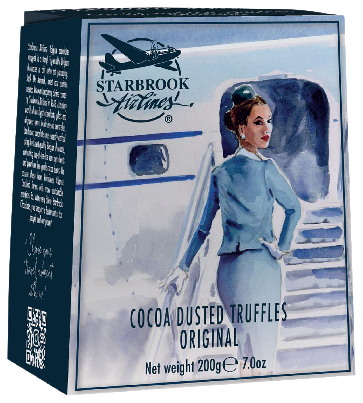 Eine Schachtel belgischer Pralinen mit dem Motiv einer Flugbegleiterin mit einem Flugzeug im Retro-Design. 